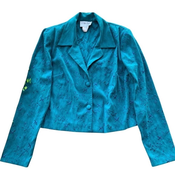 Leslie Belle Canada Faux Suede Embroidered Buttoned Blazer Jacket Blue Size 6 - Picture 1 of 7